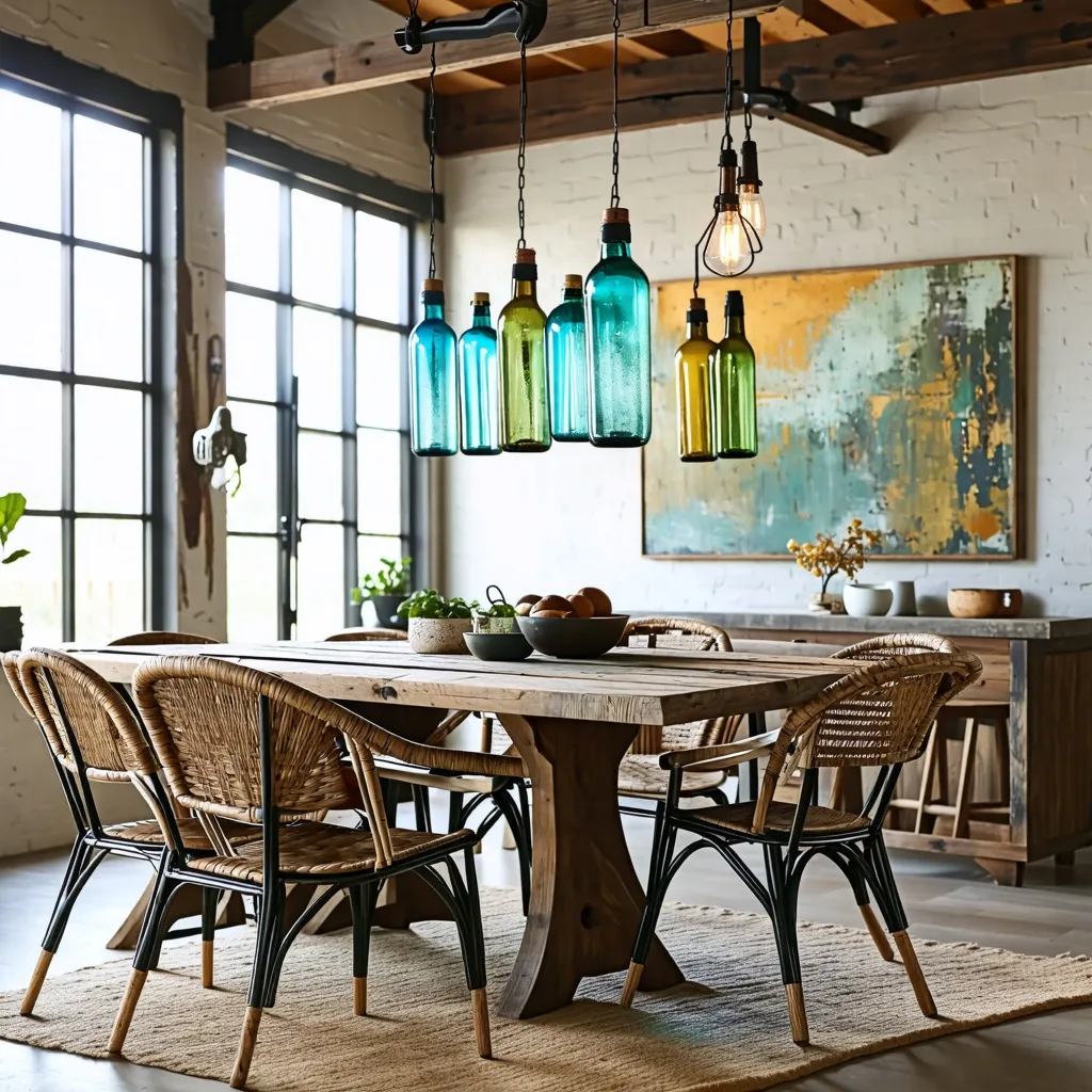 Comedor rústico con lámparas de botellas de vidrio y decoración natural.