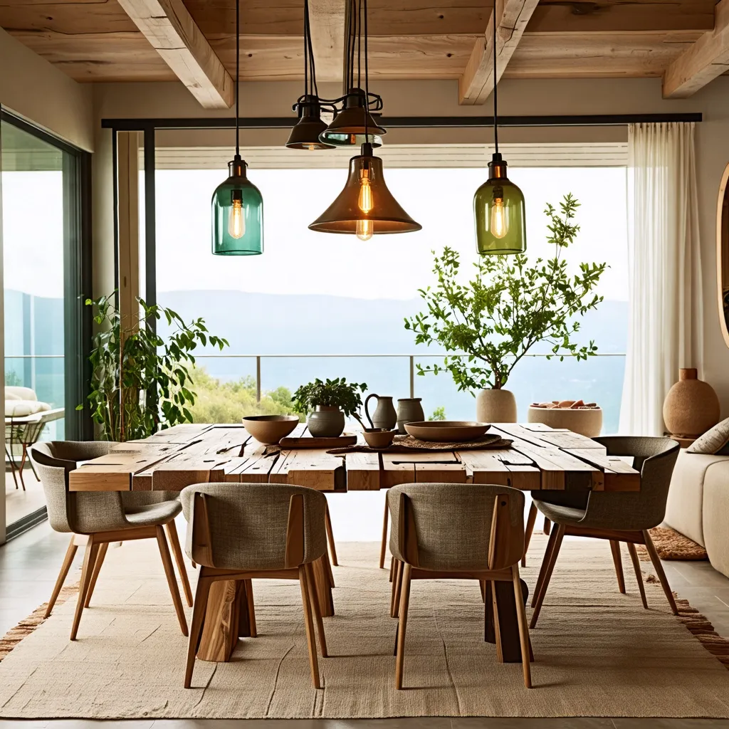Comedor rústico con ventanales y naturaleza en el interior.