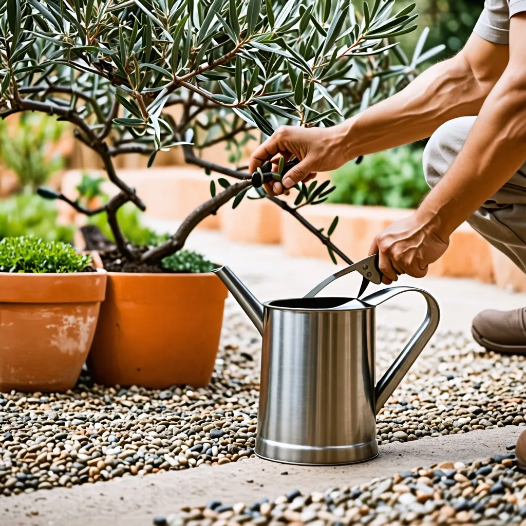 Cuidado de plantas en jardín con regadera de metal. Fotografía de jardinería para optimizar contenido en línea.