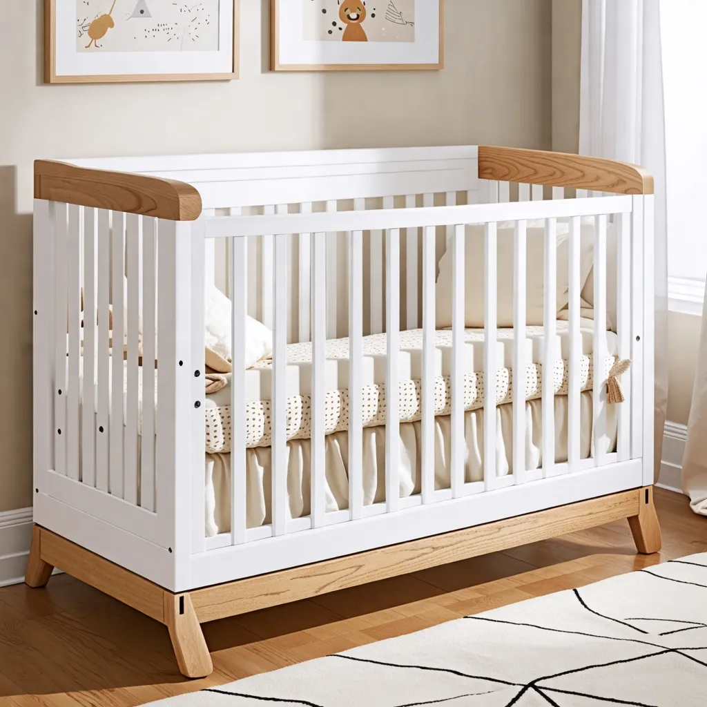 Cuna de bebé blanca y madera, diseño moderno y acogedor.