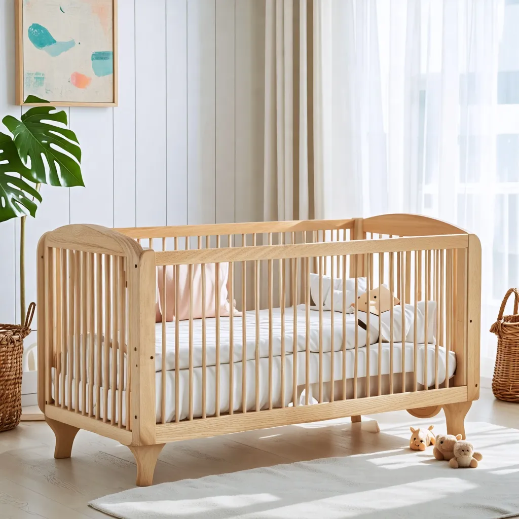 Cuna de madera natural, diseño acogedor para bebé en habitación luminosa.