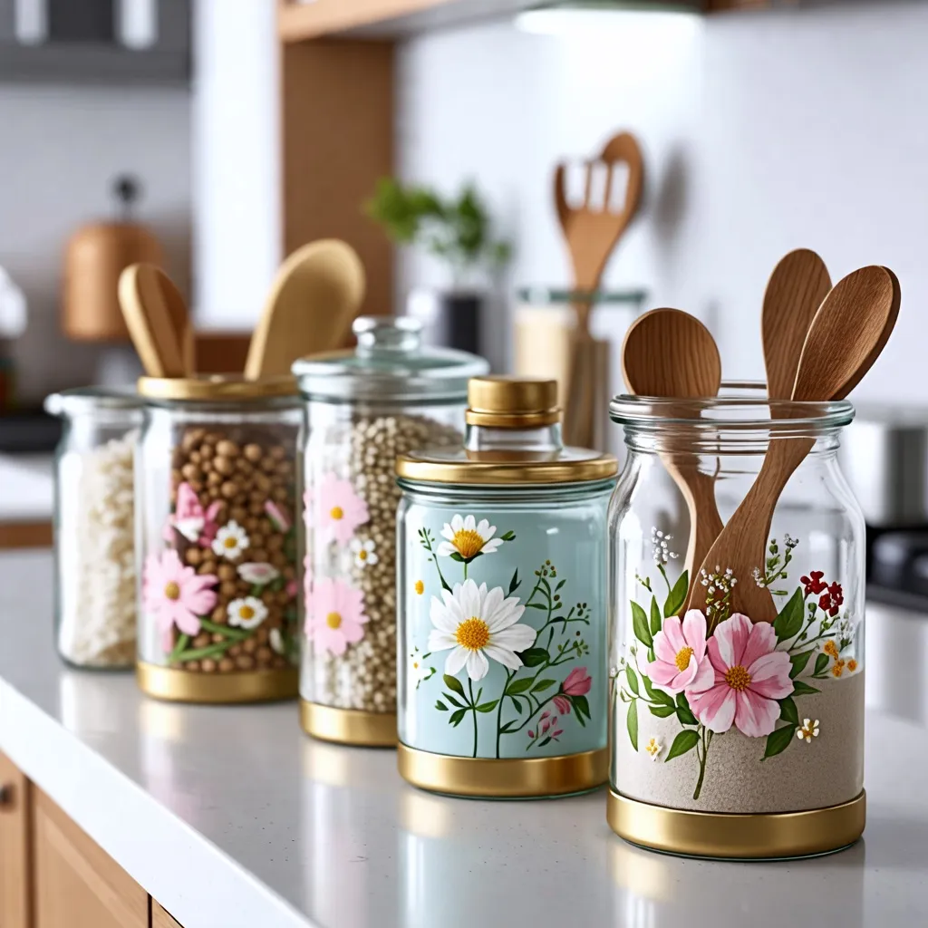 Decoración de cocina con frascos de vidrio y utensilios de madera.