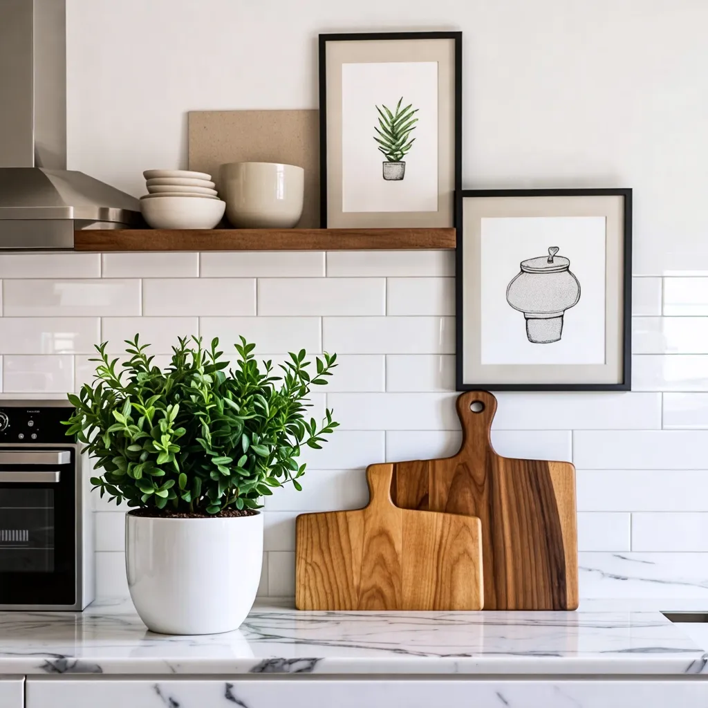 Decoración de cocina minimalista y elegante con plantas y accesorios de madera.