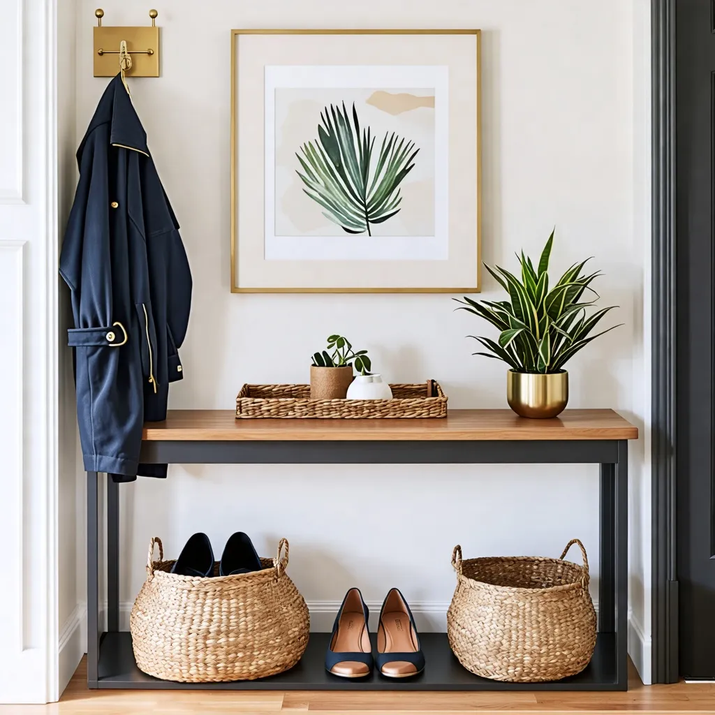 Decoración de entrada con estilo y elegancia en tonos naturales.