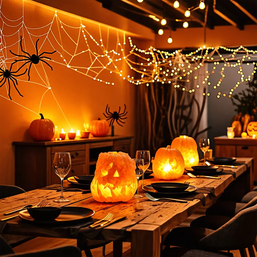 Decoración de Halloween: mesa festiva con calabazas y luces.
