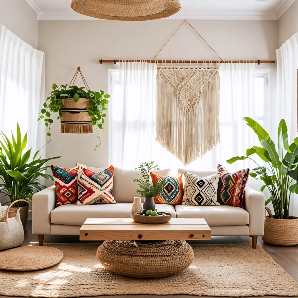 Decoración interior bohemia con plantas y textiles étnicos.