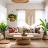 Decoración interior bohemia con plantas y textiles étnicos.