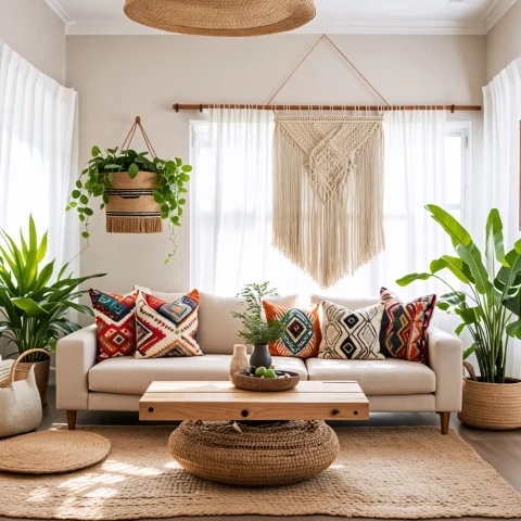Decoración interior bohemia con plantas y textiles étnicos.