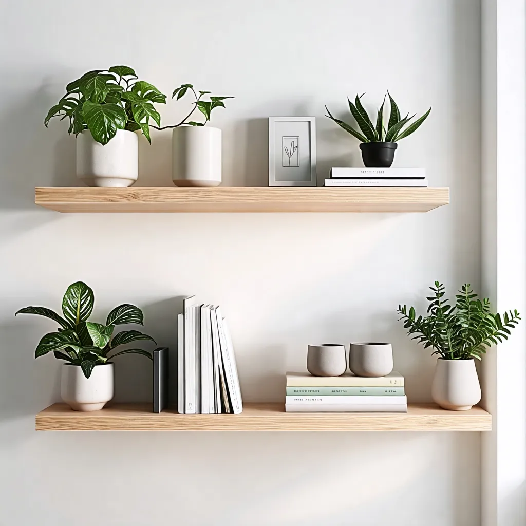 Decoración de interiores con plantas y estantes de madera.