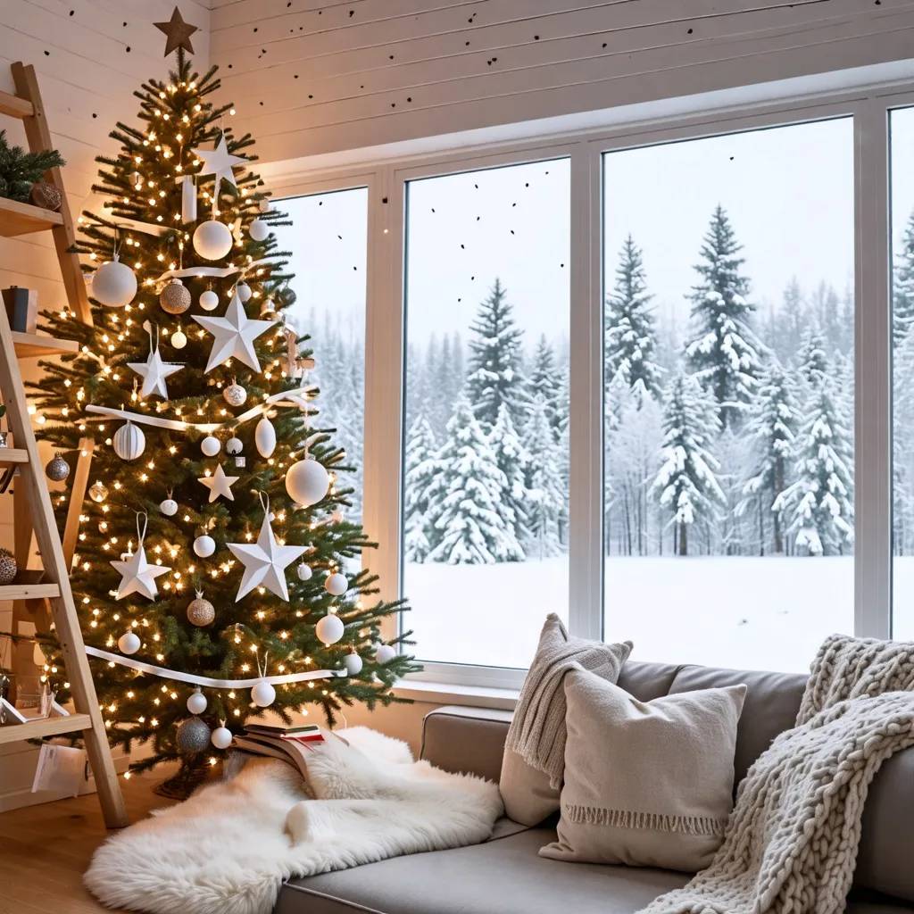Decoración navideña acogedora con árbol iluminado y paisaje nevado.