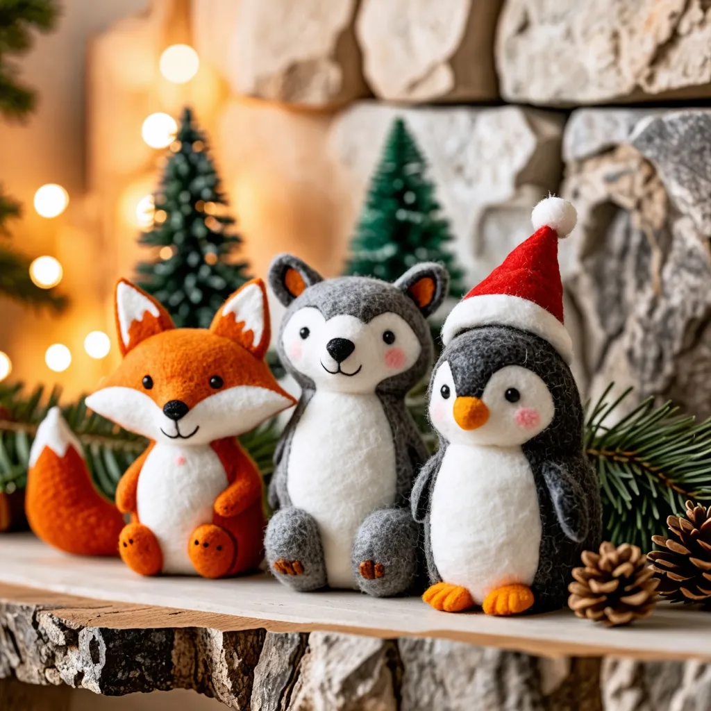 Decoración navideña con adorables muñecos de peluche en un ambiente acogedor.