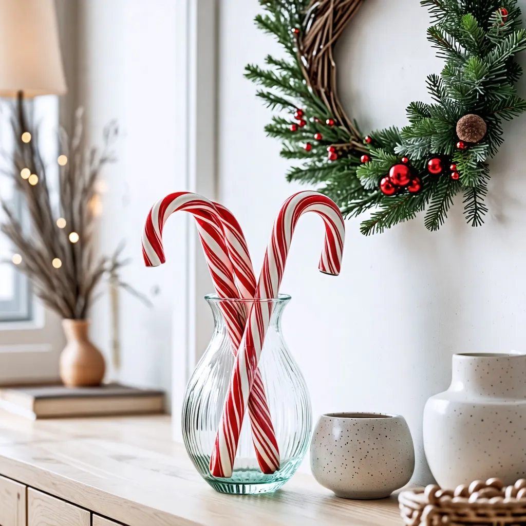 Decoración navideña con bastones de caramelo y corona de Navidad.