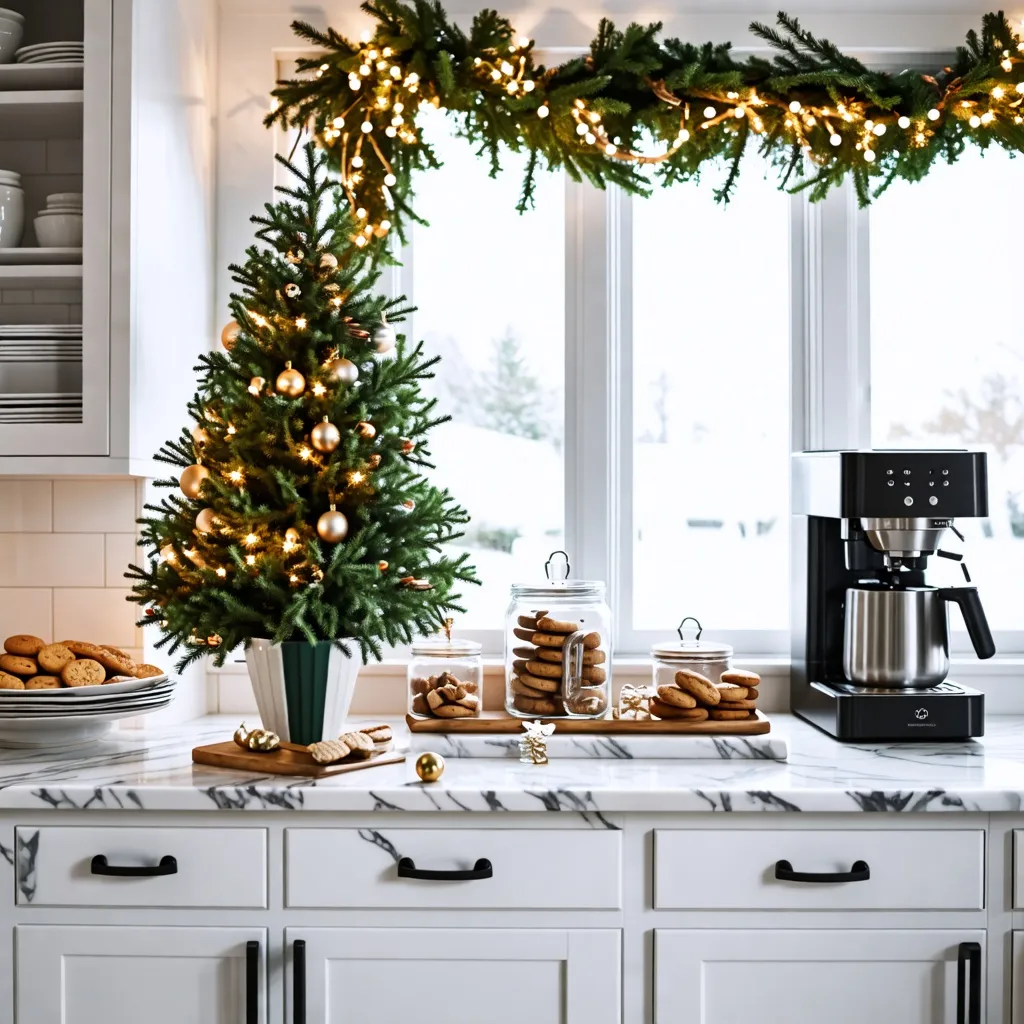 Decoración navideña en la cocina con árbol y galletas.