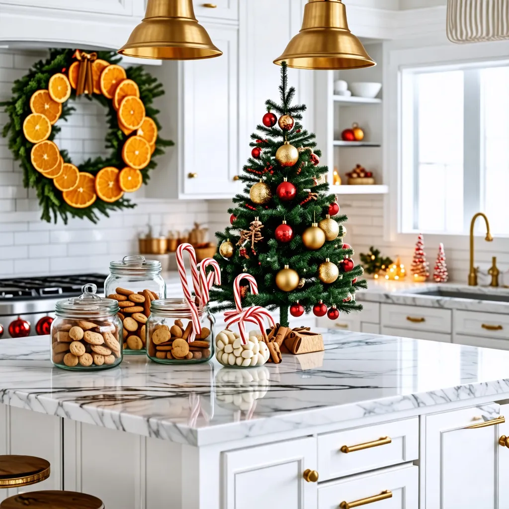 Decoración navideña en una cocina elegante y luminosa.