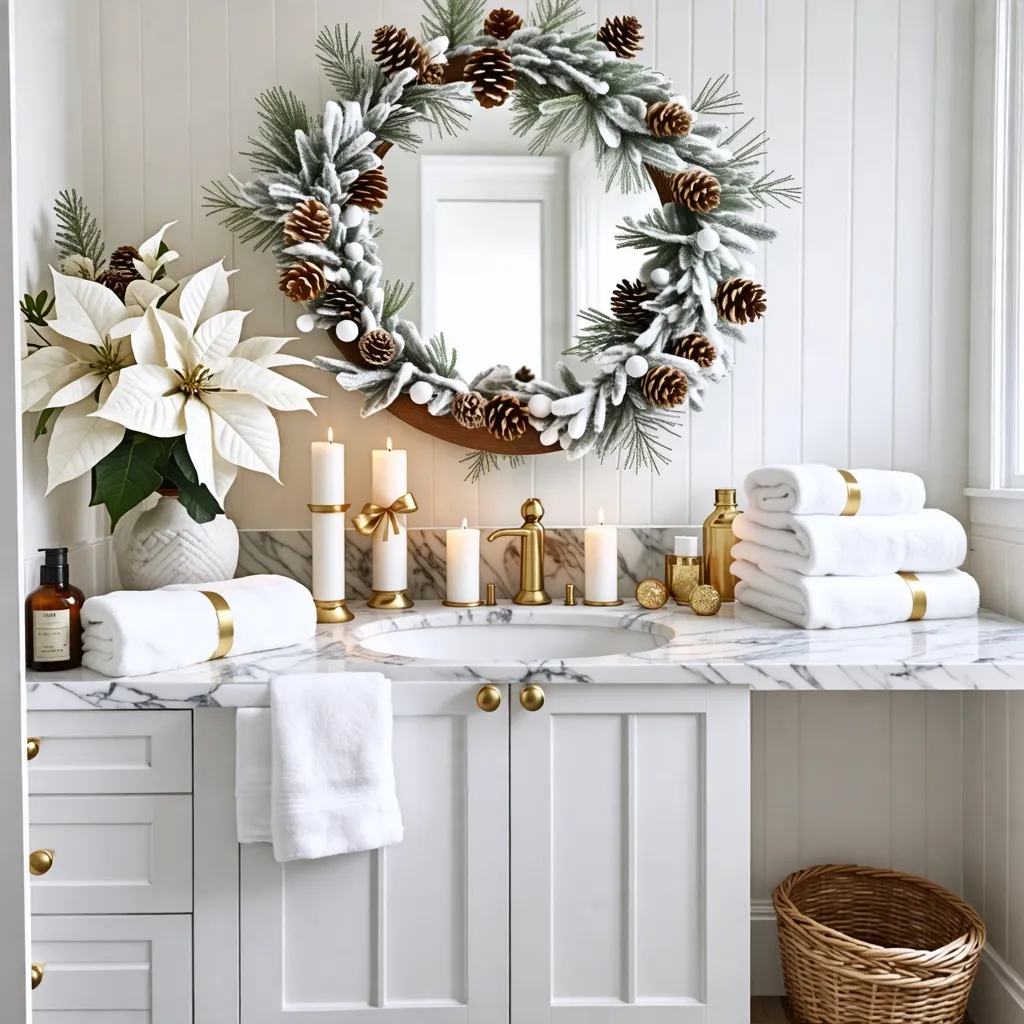 Decoración navideña elegante y acogedora en el baño.