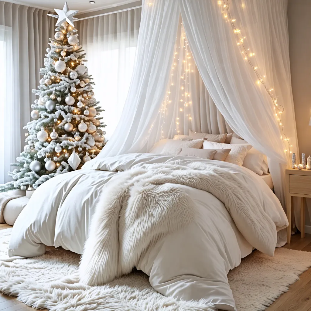 Decoración navideña elegante y acogedora en el dormitorio.
