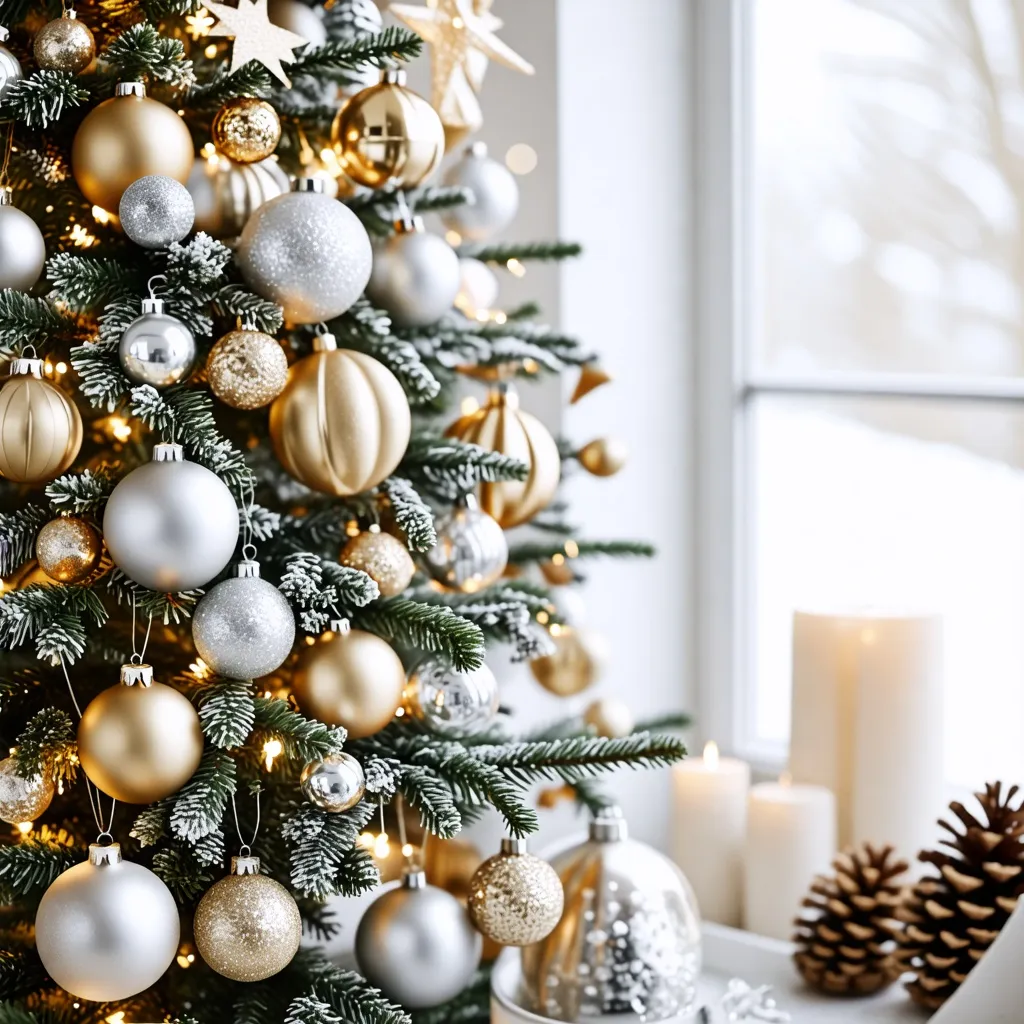 Decoración navideña elegante y brillante en un árbol de Navidad.