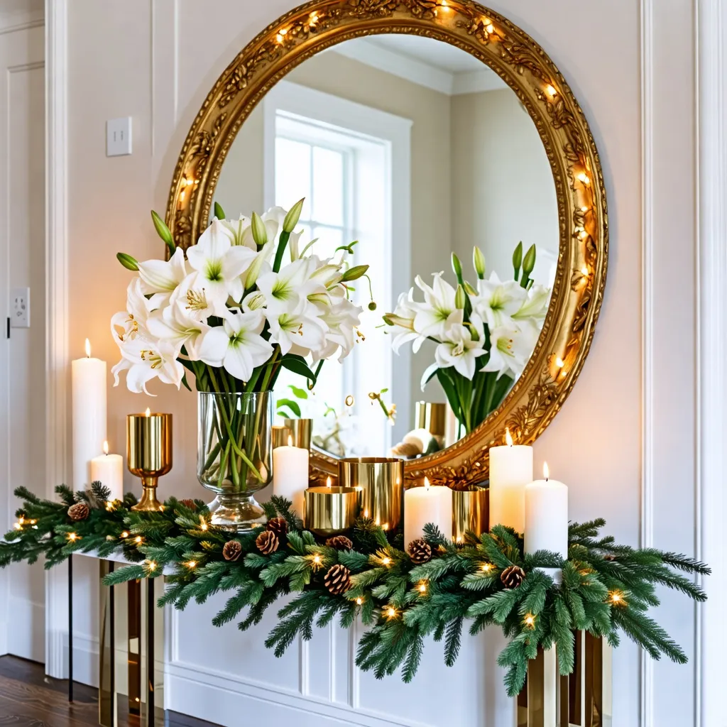 Decoración navideña elegante con flores blancas y detalles dorados.