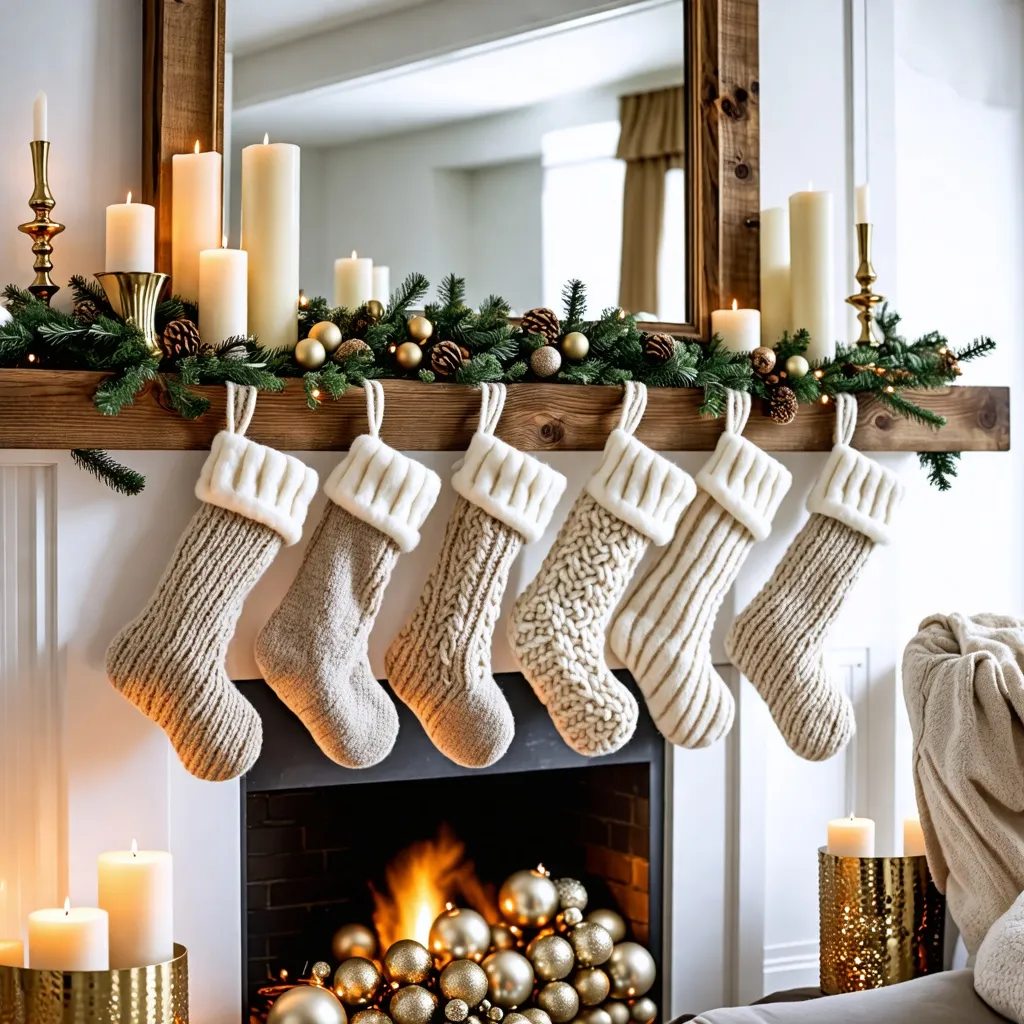 Decoración navideña hogareña con calcetines y velas encendidas.