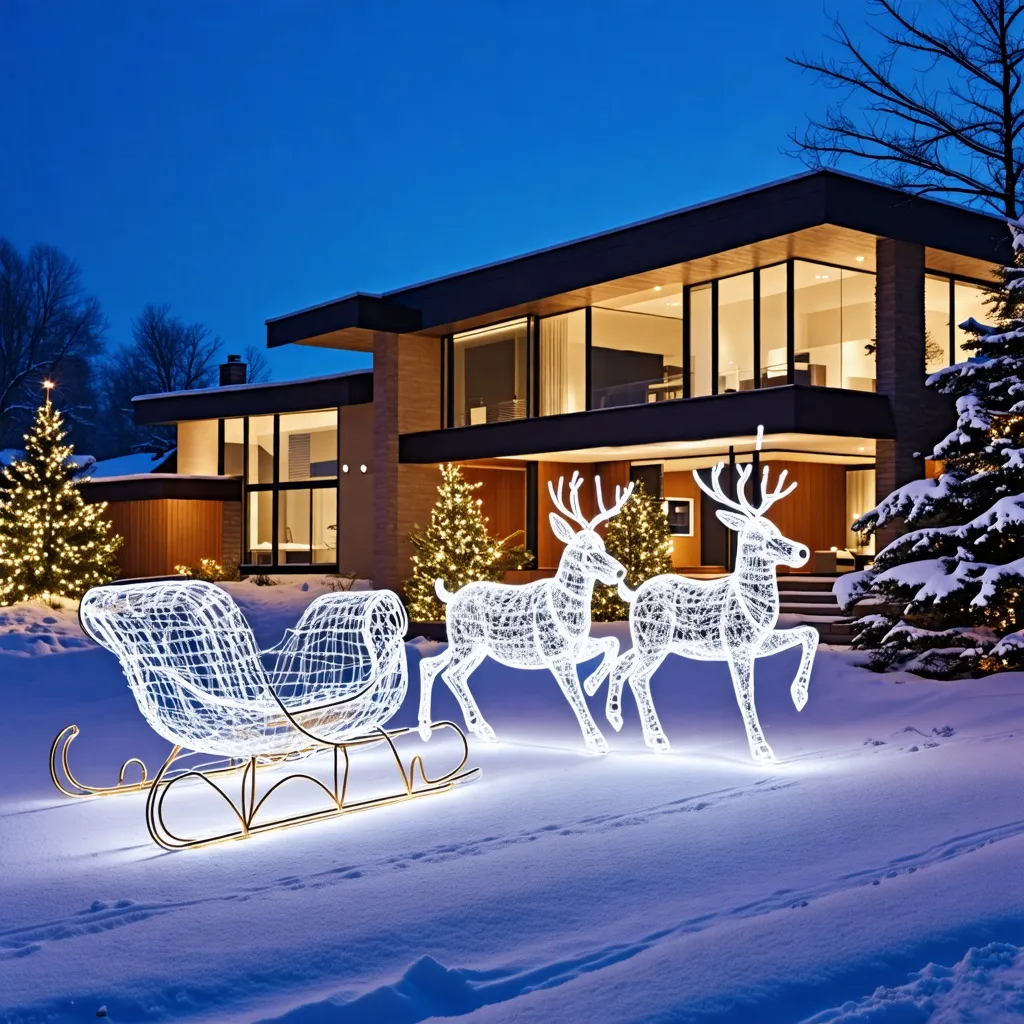 Decoración navideña ilumina la noche invernal en una hermosa casa.