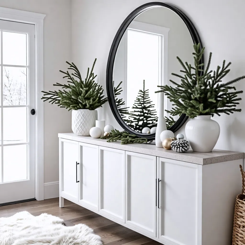 Decoración navideña minimalista y elegante en un interior moderno.