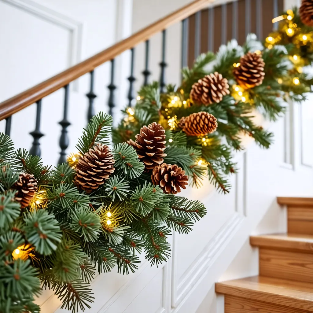 Decoración navideña con piñas y luces en la escalera.