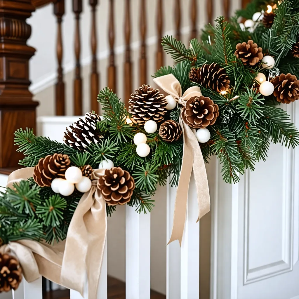Elegante decoración navideña con ramas de pino y conos.