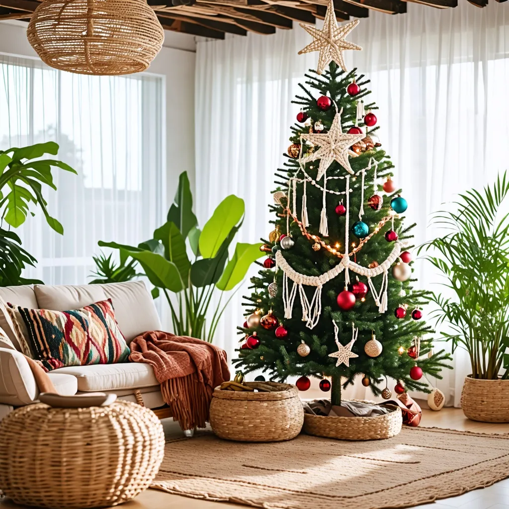 Decoración navideña tropical con árbol y accesorios naturales.