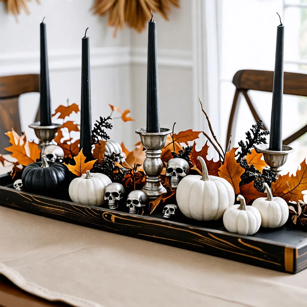 Decoración otoñal con calabazas y calaveras, una escena tenebrosa.