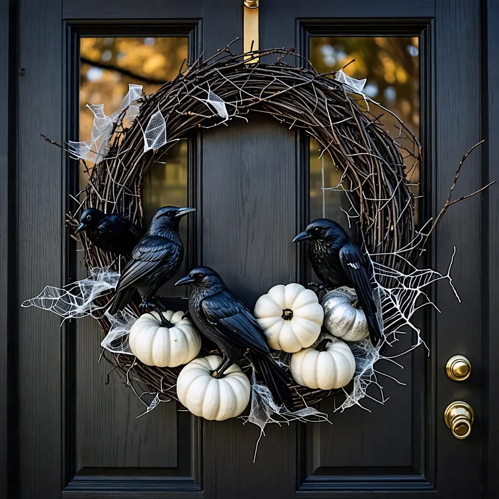 Decoración otoñal: corona de ramas con cuervos y calabazas.