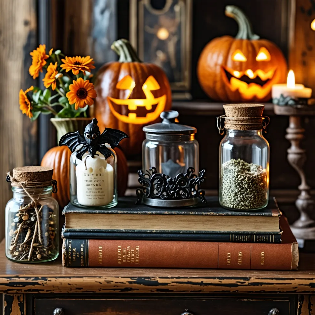 Decoración de otoño: Calabazas, flores y libros antiguos.
