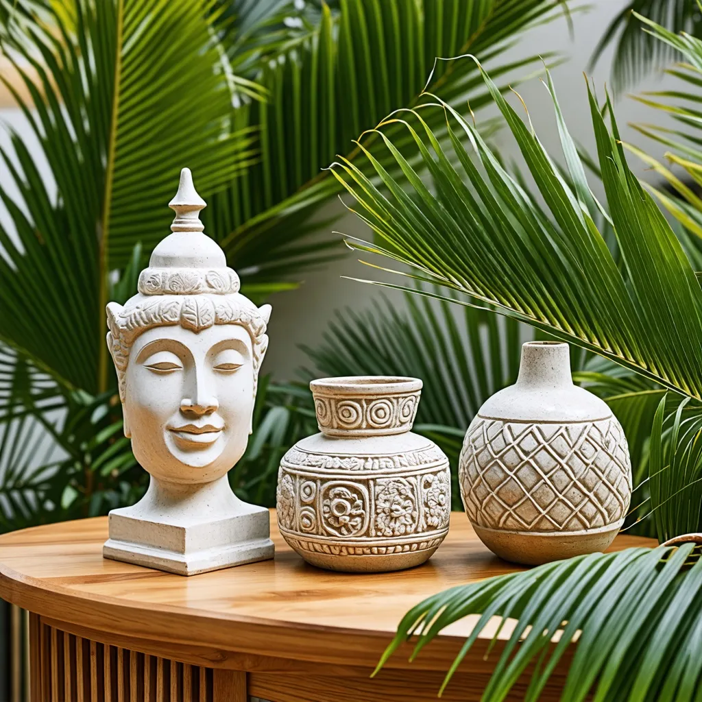 Decoración tropical con estatuas y cerámicas artesanales.