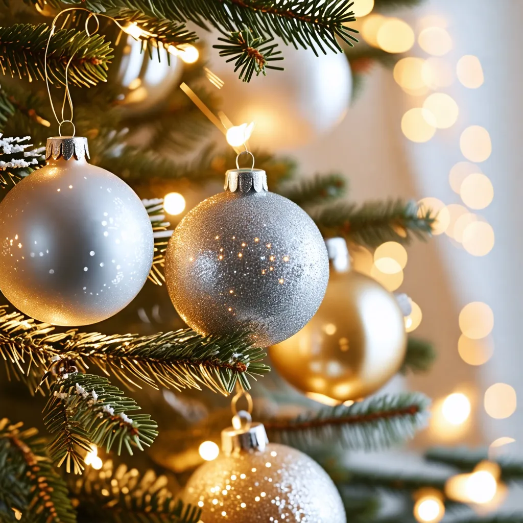 Decoraciones navideñas brillantes iluminan el árbol de Navidad.