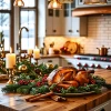 Delicioso pavo asado en decoración navideña en la cocina.