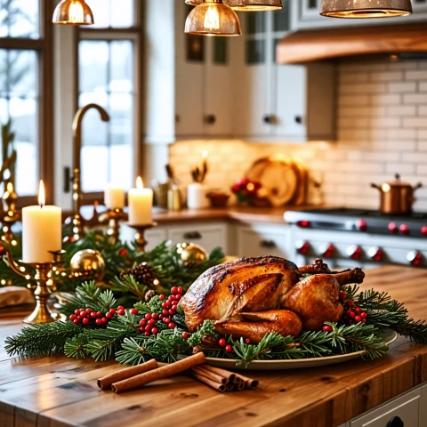 Delicioso pavo asado en decoración navideña en la cocina.