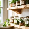 Despensa de cocina con hierbas y especias organizadas en tarros de vidrio.