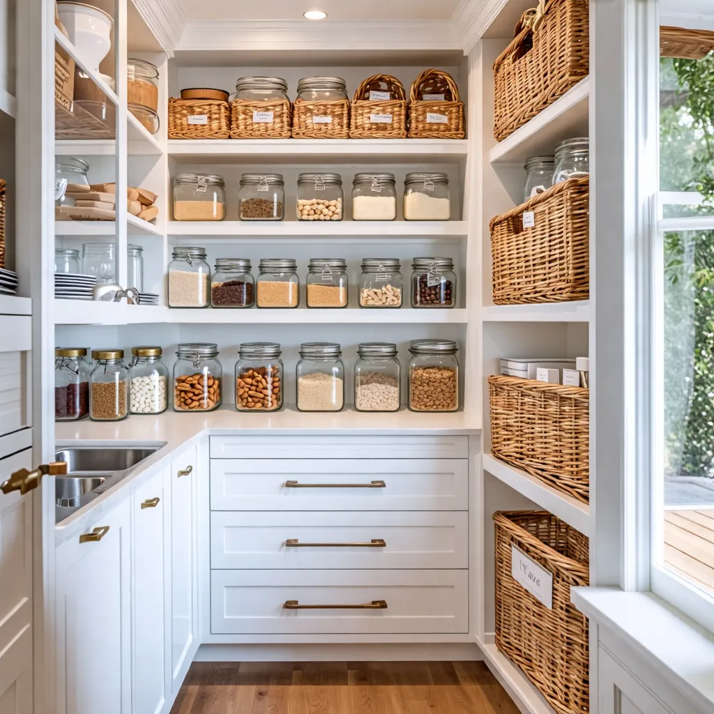 Organizada y práctica despensa de cocina con recipientes y cestas.