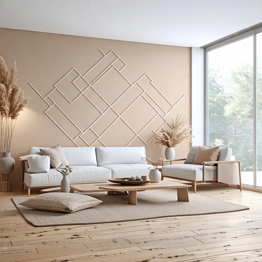 Diseño interior moderno y acogedor con pared decorativa.