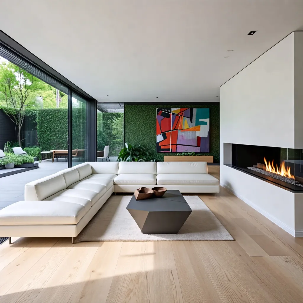 Diseño interior moderno y acogedor con ventanales y chimenea.