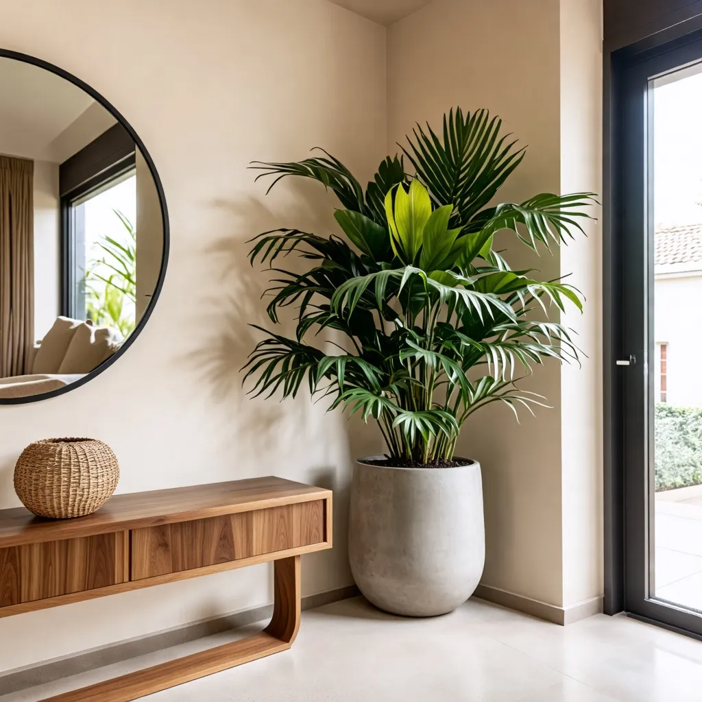 Diseño de interiores con plantas tropicales y muebles de madera.