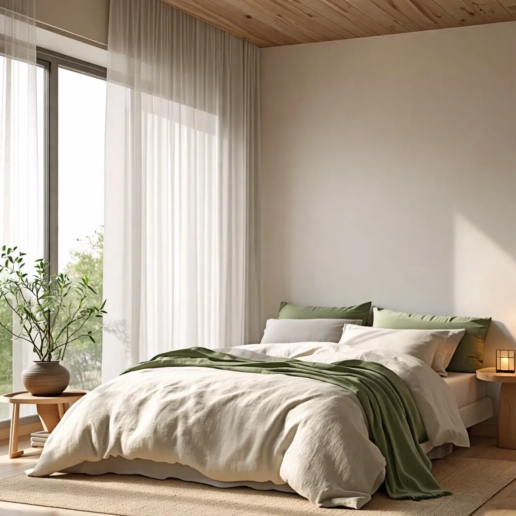 Dormitorio acogedor con detalles naturales y luz natural.