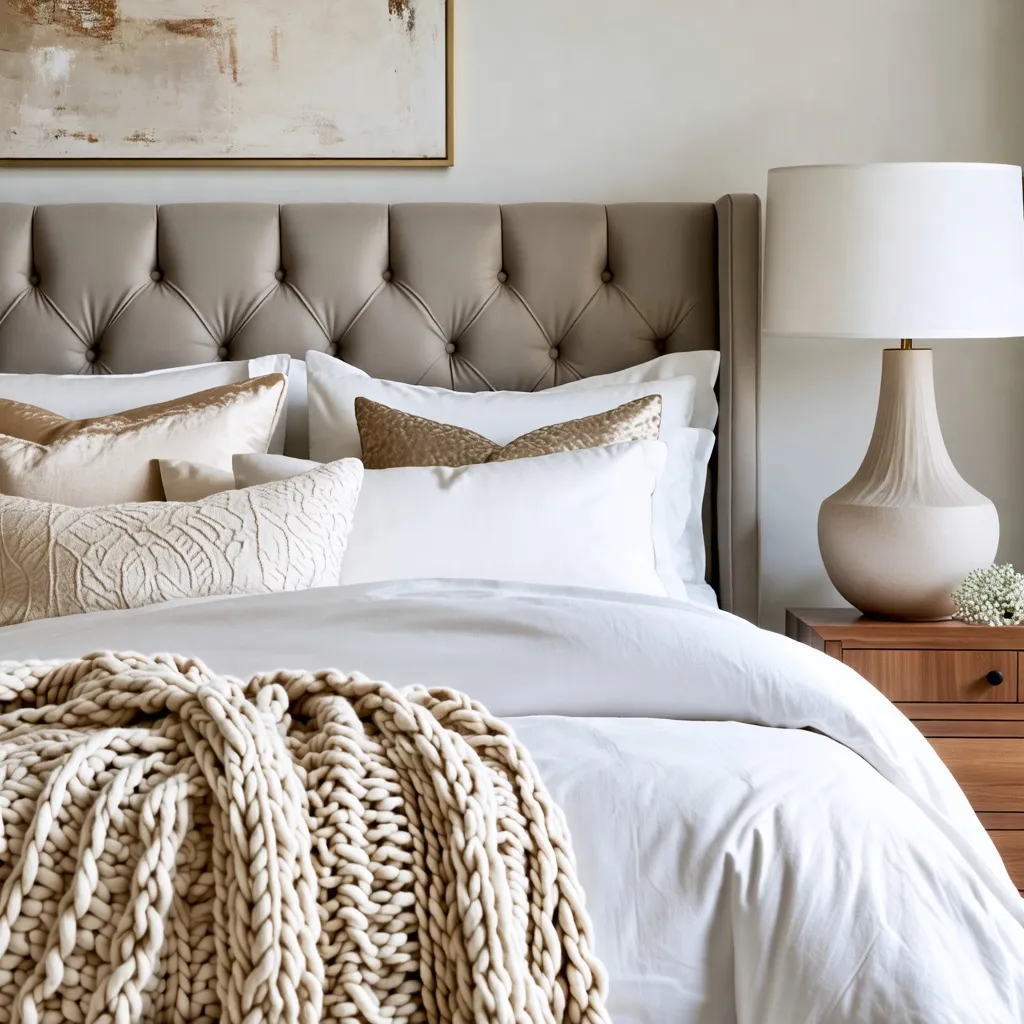 Dormitorio acogedor y elegante con detalles cálidos y texturas suaves.
