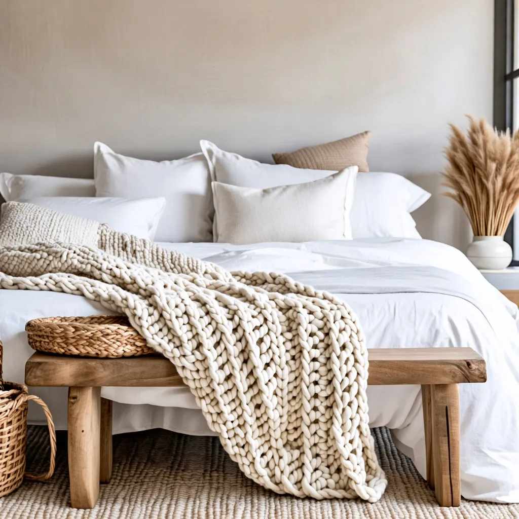 Dormitorio acogedor y elegante con detalles naturales y texturales.