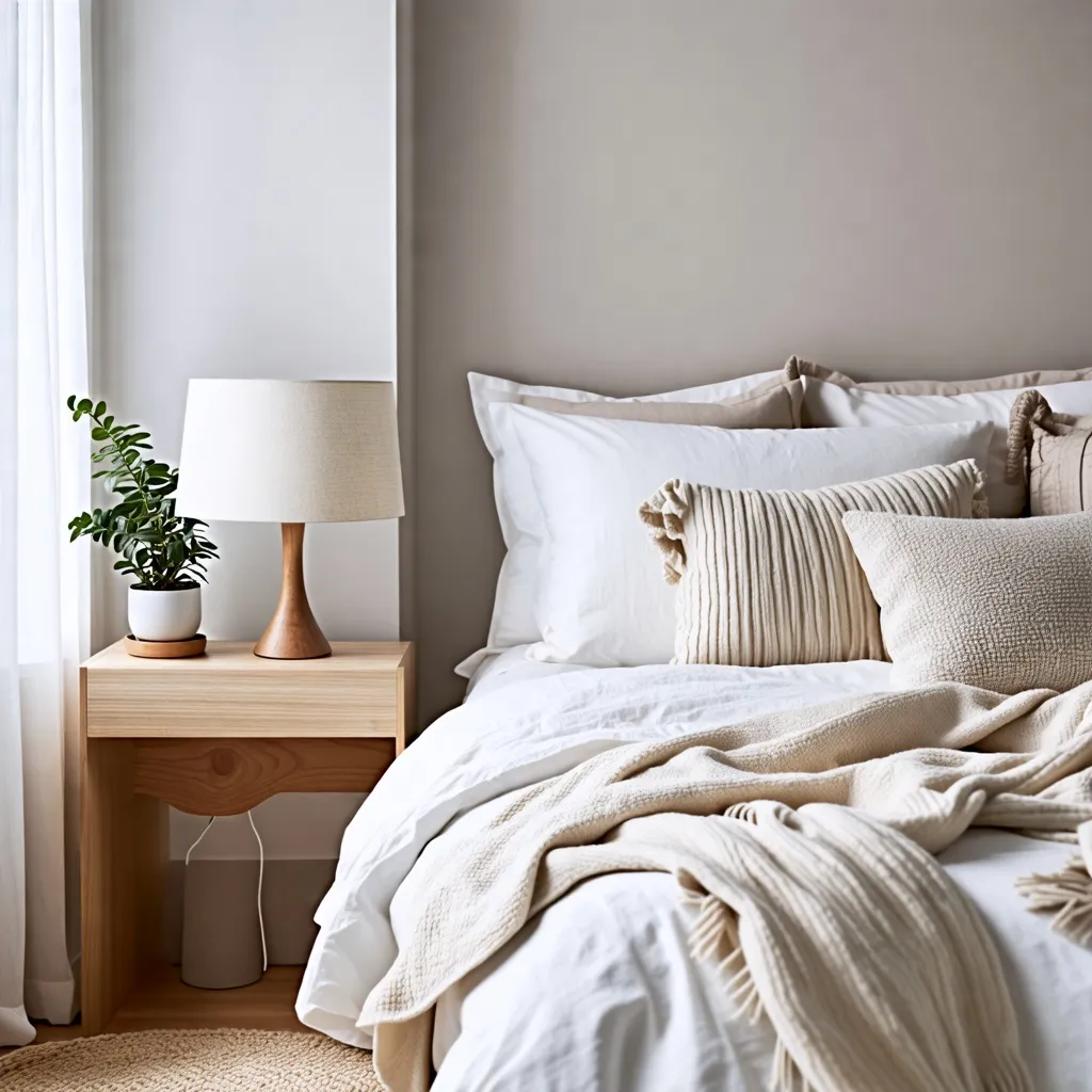 Dormitorio acogedor y elegante con detalles naturales y texturas suaves.