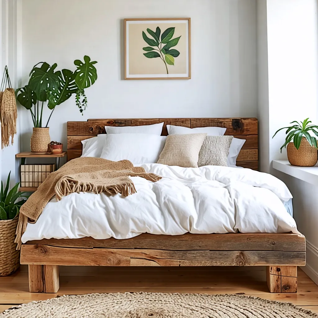 Dormitorio acogedor con elementos naturales y vegetación.