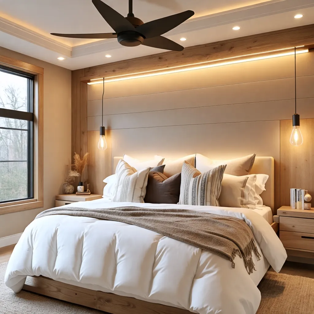 Dormitorio acogedor con iluminación cálida y detalles rústicos.