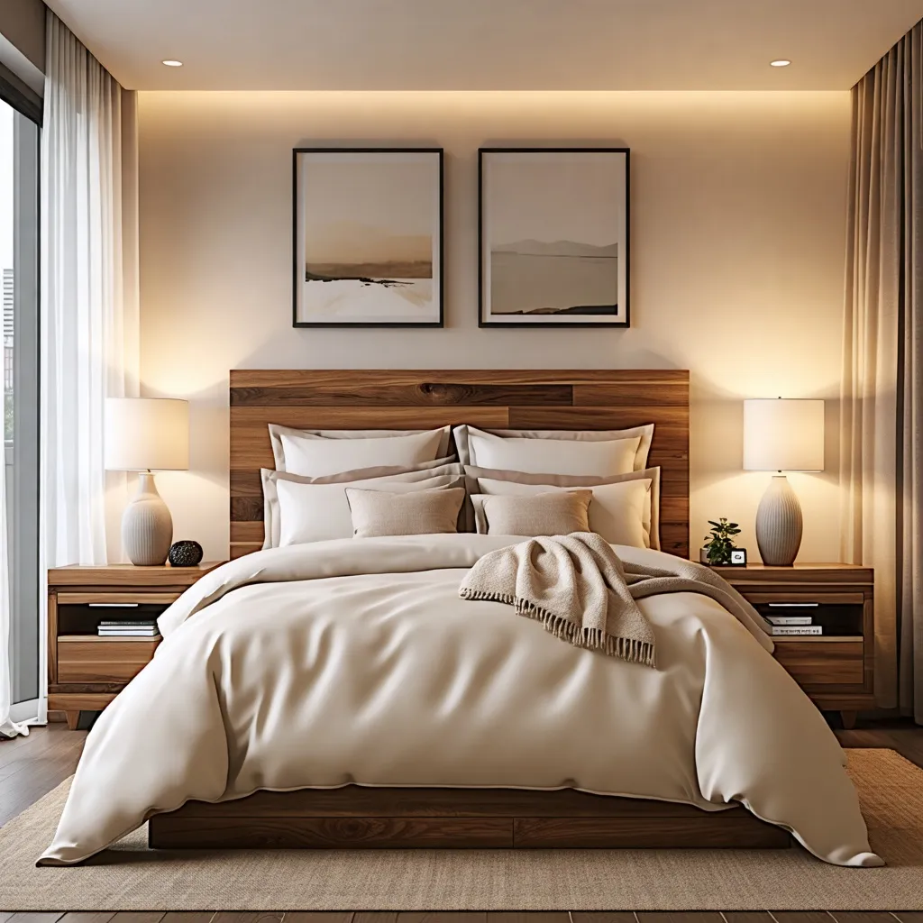 Dormitorio acogedor con detalles de madera y decoración minimalista.