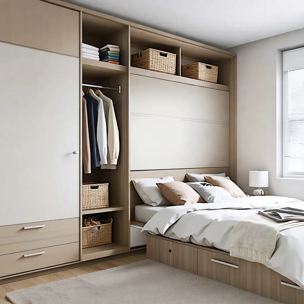 Dormitorio acogedor y organizado con armario y estantería.