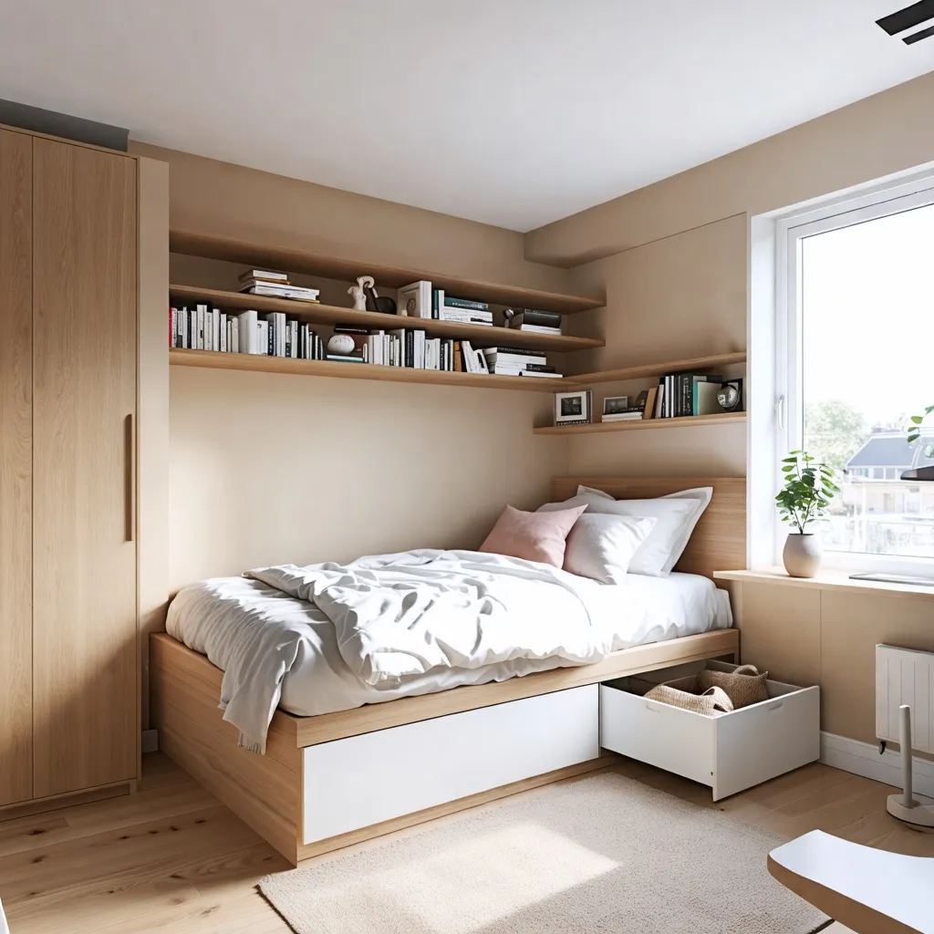 Dormitorio acogedor y organizado con estantes de madera y detalles cálidos.