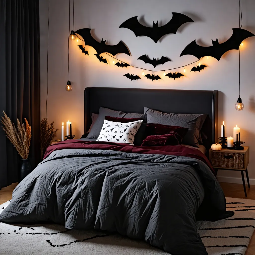 Dormitorio acogedor y oscuro decorado con murciélagos para Halloween.